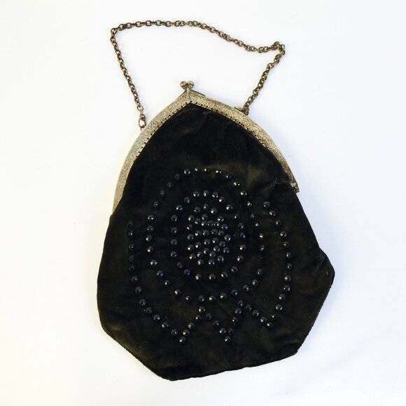 Vintage Antique? Black Velvet Jeweled Chain Handle Clutch Bag - Picture 6 of 7